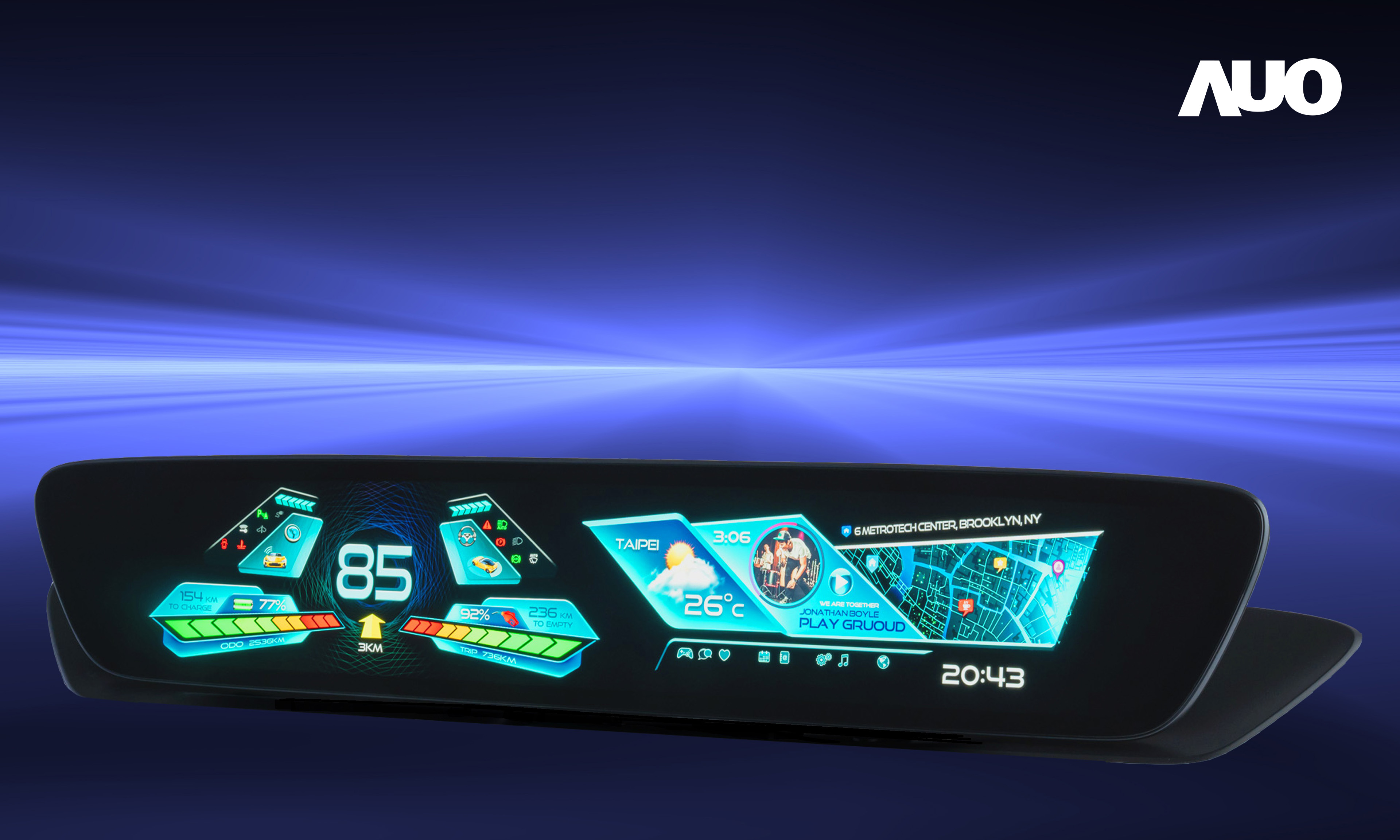 友達30.4吋異形曲面AmLED車載顯示系統，為一兼具儀表板及中控台人機介面的創新車載顯示系統，結合美學設計，提升車內科技沉浸感及使用體驗，讓車載顯示的未來應用更加多元化